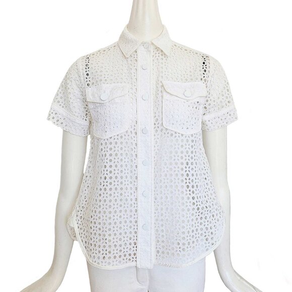SACAI WHITE EYELET LACE SHORT SLEEVES BLOUSE (1) - Picture 1 of 7